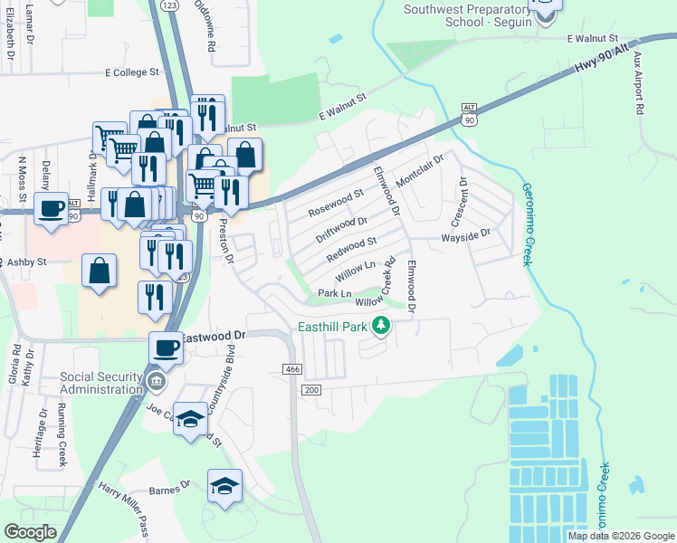 map of restaurants, bars, coffee shops, grocery stores, and more near 1634 Willow Lane in Seguin
