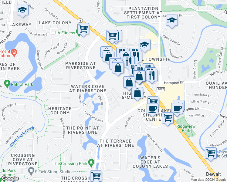 map of restaurants, bars, coffee shops, grocery stores, and more near 4331 Stonebrook Lane in Missouri City
