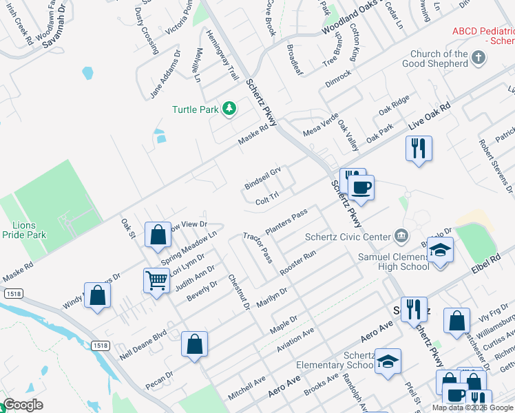 map of restaurants, bars, coffee shops, grocery stores, and more near 652 Colt Trail in Schertz