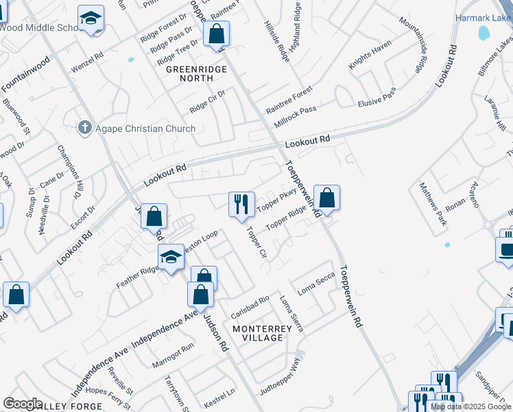 map of restaurants, bars, coffee shops, grocery stores, and more near 6607 Topper Parkway in San Antonio
