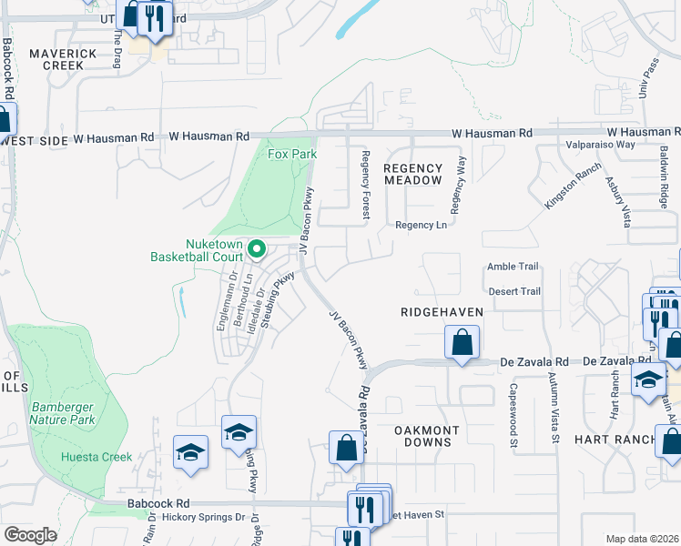 map of restaurants, bars, coffee shops, grocery stores, and more near 6626 Winding Farm in San Antonio