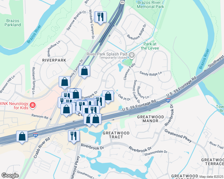 map of restaurants, bars, coffee shops, grocery stores, and more near 2651 Brazos Ridge Drive in Sugar Land