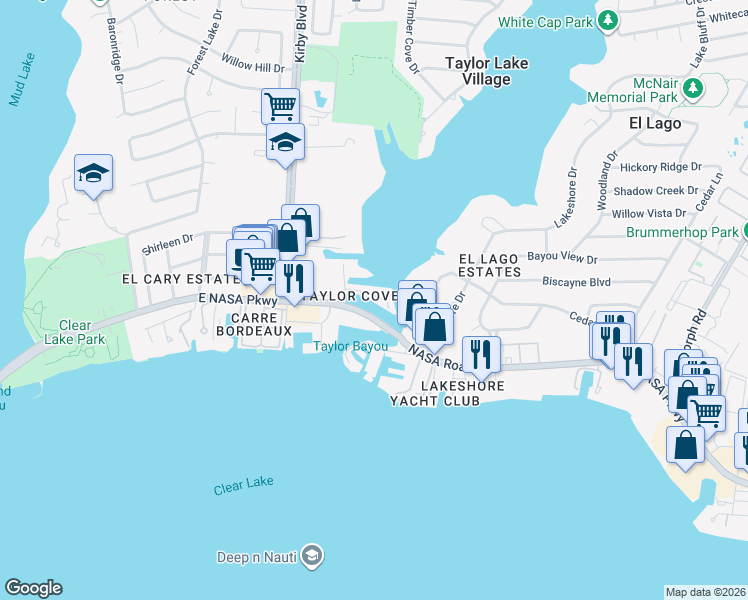 map of restaurants, bars, coffee shops, grocery stores, and more near 4561 Academy Lane in Seabrook