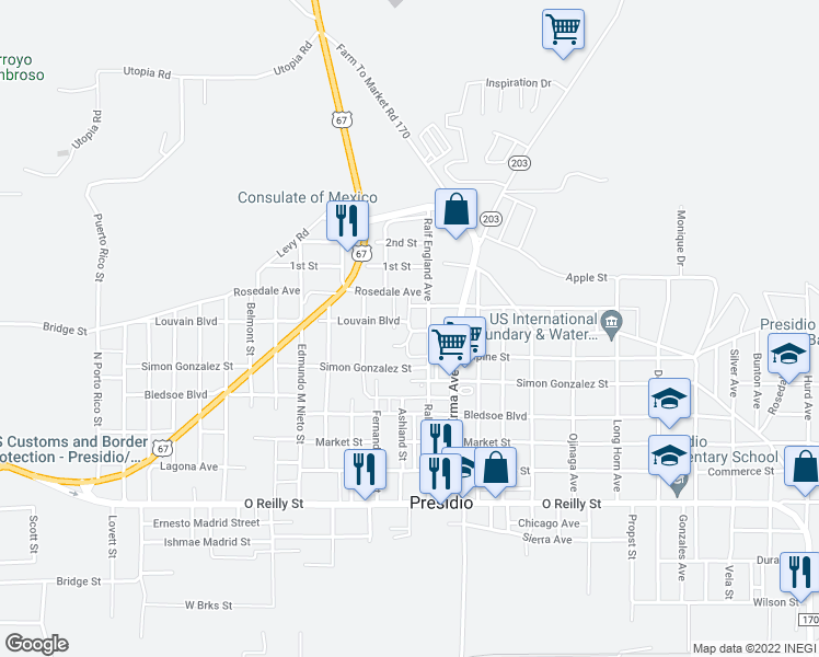 map of restaurants, bars, coffee shops, grocery stores, and more near Louvain Boulevard in Presidio