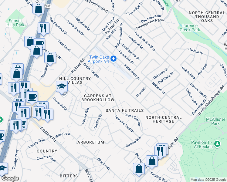 map of restaurants, bars, coffee shops, grocery stores, and more near 1422 Adobe Run in San Antonio