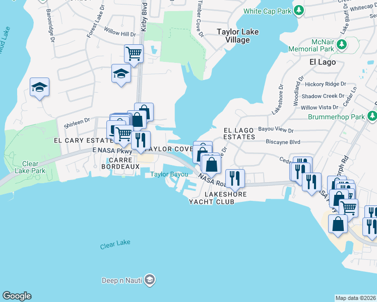 map of restaurants, bars, coffee shops, grocery stores, and more near 4561 Academy Lane in Seabrook