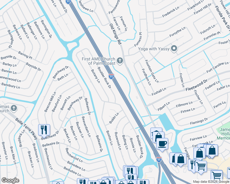 map of restaurants, bars, coffee shops, grocery stores, and more near 245 Boulder Rock Drive in Palm Coast