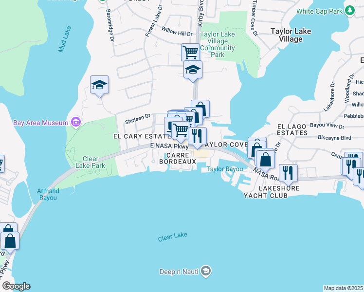 map of restaurants, bars, coffee shops, grocery stores, and more near 4601 East Nasa Parkway in Seabrook