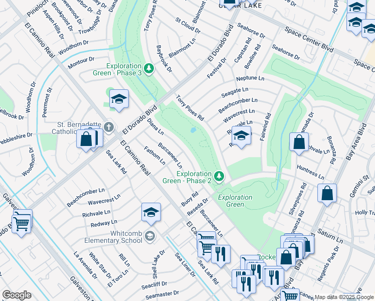 map of restaurants, bars, coffee shops, grocery stores, and more near 15902 Diana Lane in Houston