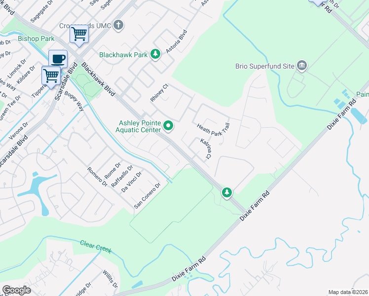 map of restaurants, bars, coffee shops, grocery stores, and more near 12518 Patrick Palace in Houston