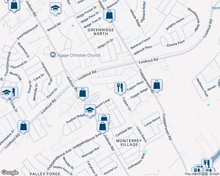 map of restaurants, bars, coffee shops, grocery stores, and more near 13715 Topper Circle in San Antonio