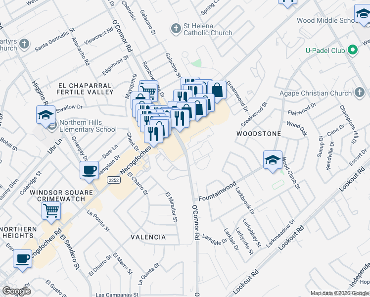 map of restaurants, bars, coffee shops, grocery stores, and more near 13842 O'Connor Road in San Antonio