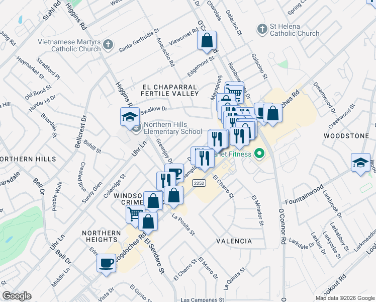 map of restaurants, bars, coffee shops, grocery stores, and more near 4926 Grey Hawk Street in San Antonio