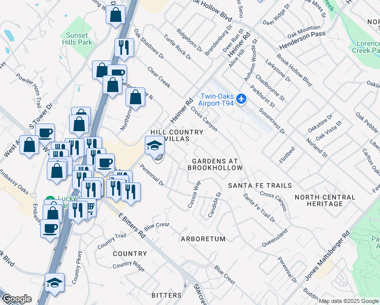 map of restaurants, bars, coffee shops, grocery stores, and more near 13630 Brook Arbor in San Antonio