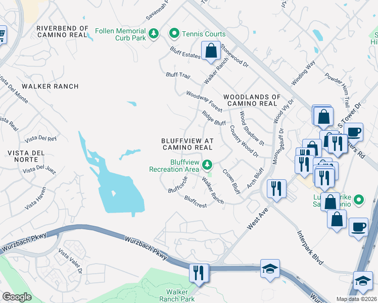 map of restaurants, bars, coffee shops, grocery stores, and more near 310 Bluffknoll in San Antonio