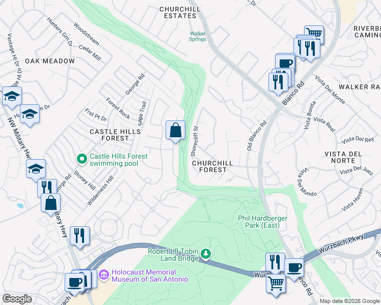 map of restaurants, bars, coffee shops, grocery stores, and more near 13239 Shorecliff Street in San Antonio