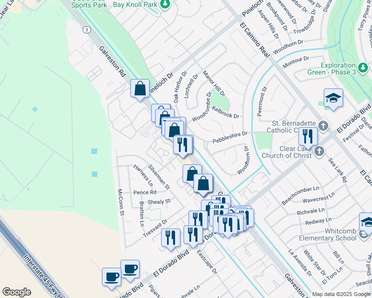 map of restaurants, bars, coffee shops, grocery stores, and more near 15337 Galveston Road in Houston