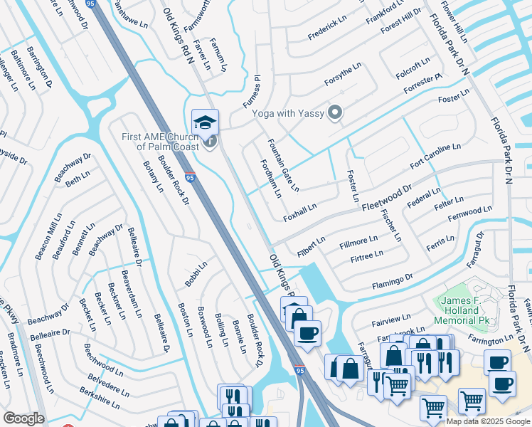 map of restaurants, bars, coffee shops, grocery stores, and more near 74 Foxhall Lane in Palm Coast