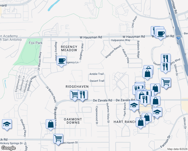 map of restaurants, bars, coffee shops, grocery stores, and more near 12511 Bear Trail in San Antonio