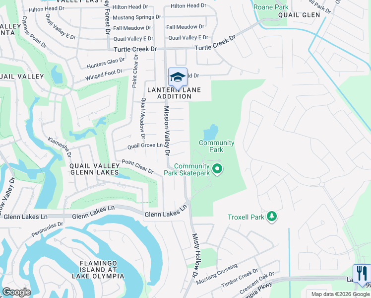 map of restaurants, bars, coffee shops, grocery stores, and more near 1806 Vail Court in Missouri City