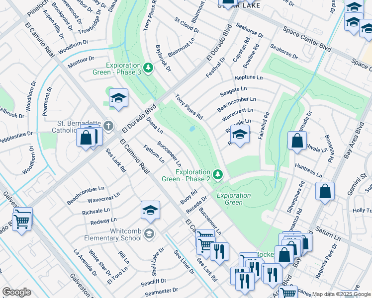 map of restaurants, bars, coffee shops, grocery stores, and more near 15902 Diana Lane in Houston