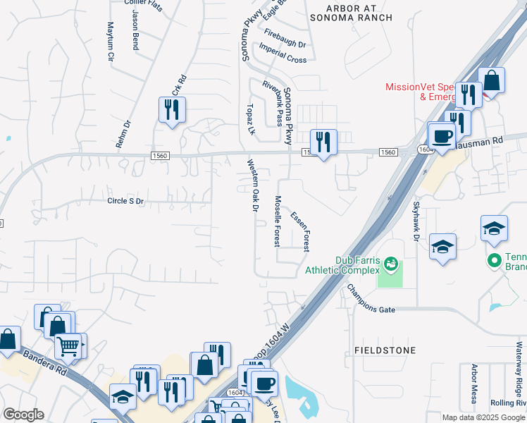 map of restaurants, bars, coffee shops, grocery stores, and more near 13326 Western Oak Drive in Helotes