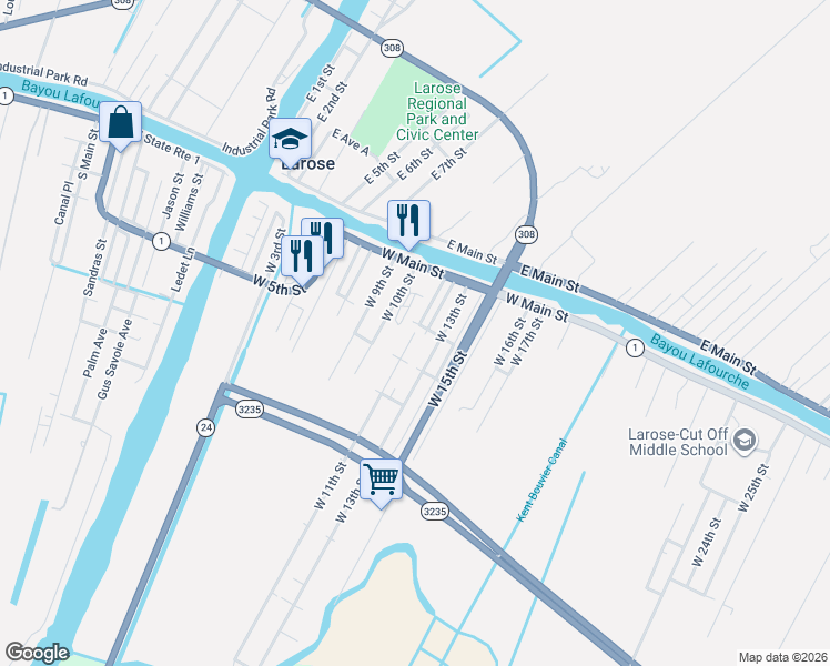 map of restaurants, bars, coffee shops, grocery stores, and more near 200 West 11th Street in Larose