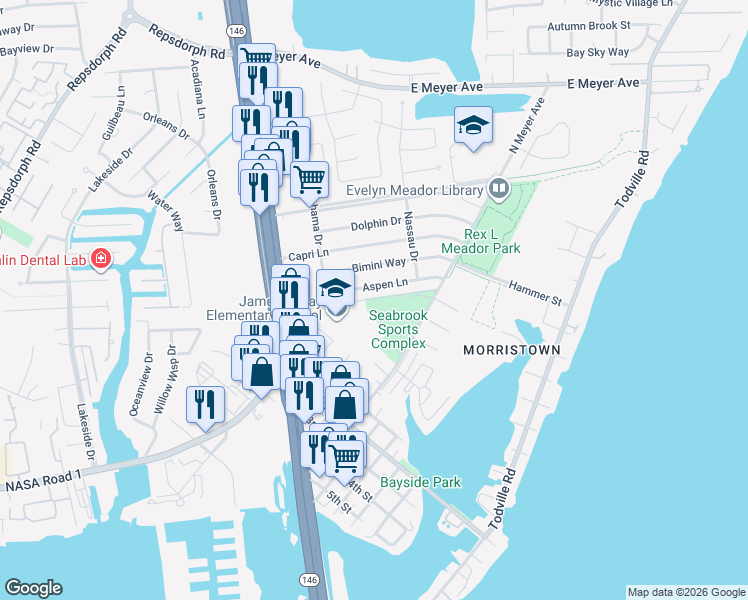 map of restaurants, bars, coffee shops, grocery stores, and more near Delabrook in Seabrook