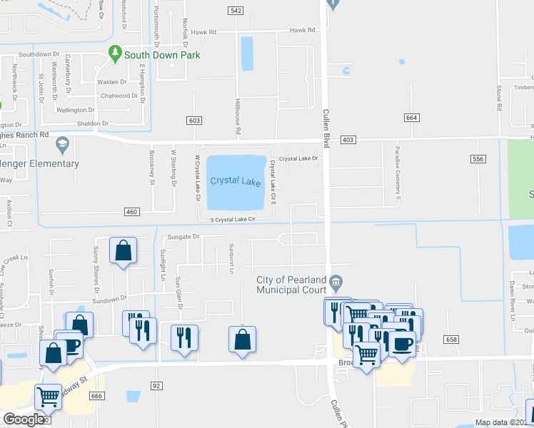 map of restaurants, bars, coffee shops, grocery stores, and more near 4031 South Crystal Lake Circle in Pearland
