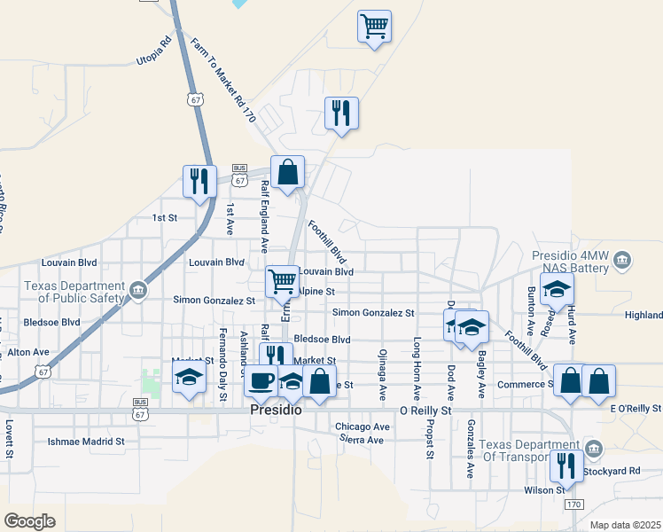 map of restaurants, bars, coffee shops, grocery stores, and more near Louvain Boulevard in Presidio