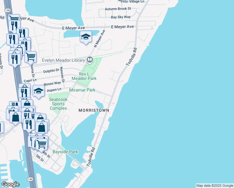 map of restaurants, bars, coffee shops, grocery stores, and more near 2200 Todville Road in Seabrook
