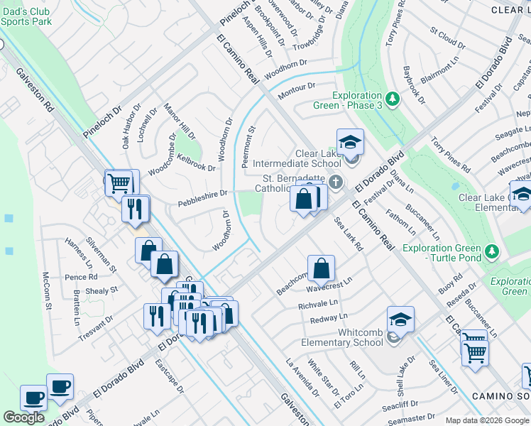 map of restaurants, bars, coffee shops, grocery stores, and more near 15531 Pensgate Street in Houston