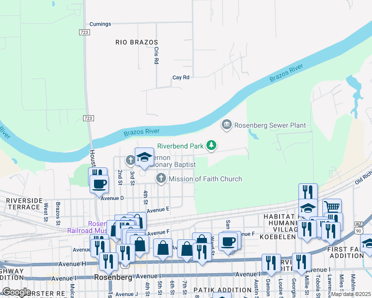 map of restaurants, bars, coffee shops, grocery stores, and more near 2419 Avenue A in Rosenberg