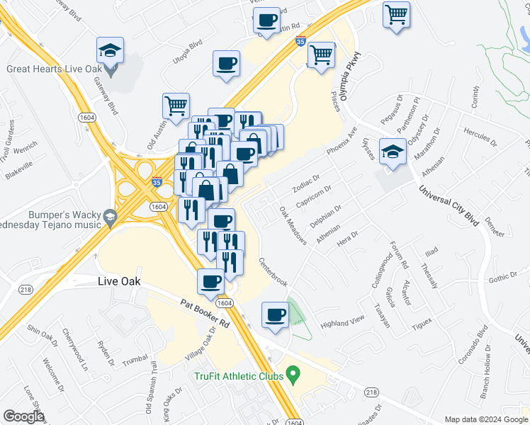map of restaurants, bars, coffee shops, grocery stores, and more near 14001 Oak Meadows in Universal City