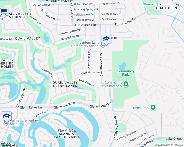 map of restaurants, bars, coffee shops, grocery stores, and more near 3811 Quail Meadow Drive in Missouri City