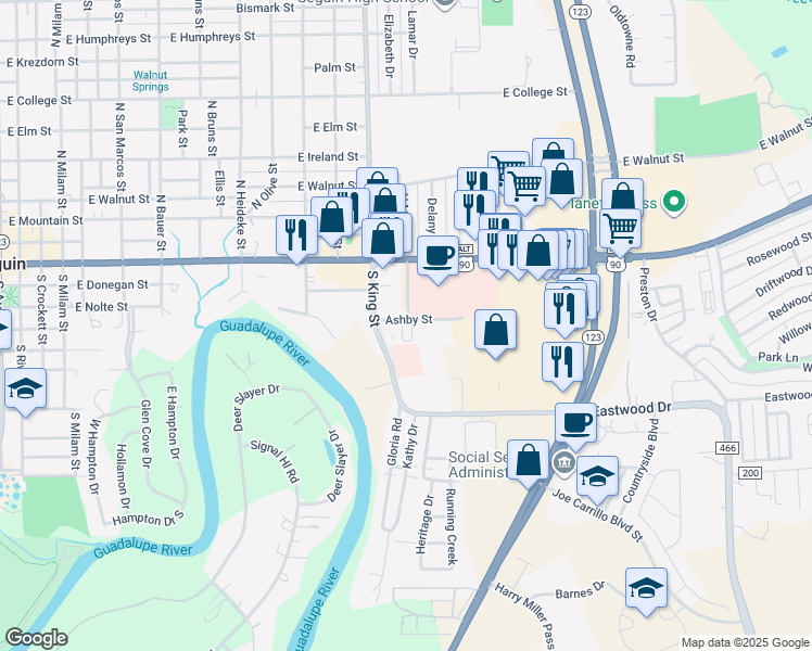 map of restaurants, bars, coffee shops, grocery stores, and more near 1133 Ashby Street in Seguin