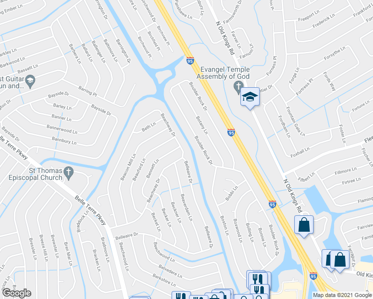 map of restaurants, bars, coffee shops, grocery stores, and more near 128 Beachway Drive in Palm Coast