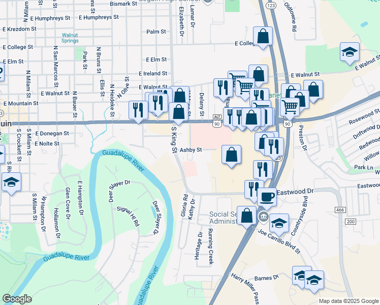 map of restaurants, bars, coffee shops, grocery stores, and more near 1133 Ashby Street in Seguin
