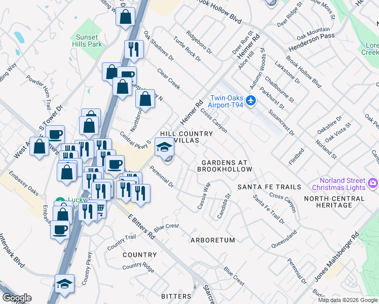 map of restaurants, bars, coffee shops, grocery stores, and more near 13630 Brook Arbor in San Antonio