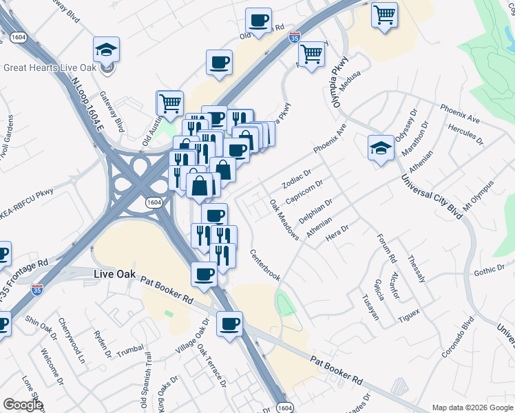 map of restaurants, bars, coffee shops, grocery stores, and more near 14001 Oak Meadows in Universal City