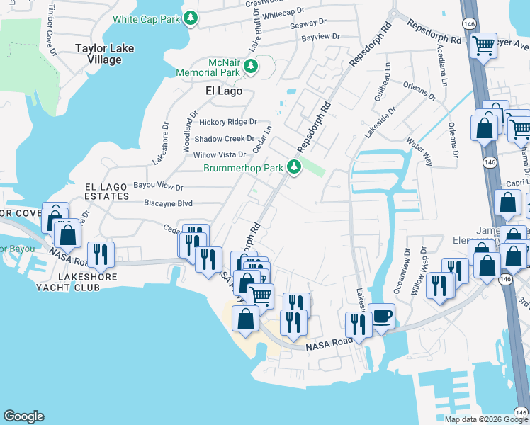 map of restaurants, bars, coffee shops, grocery stores, and more near 2406 Repsdorph Road in Seabrook