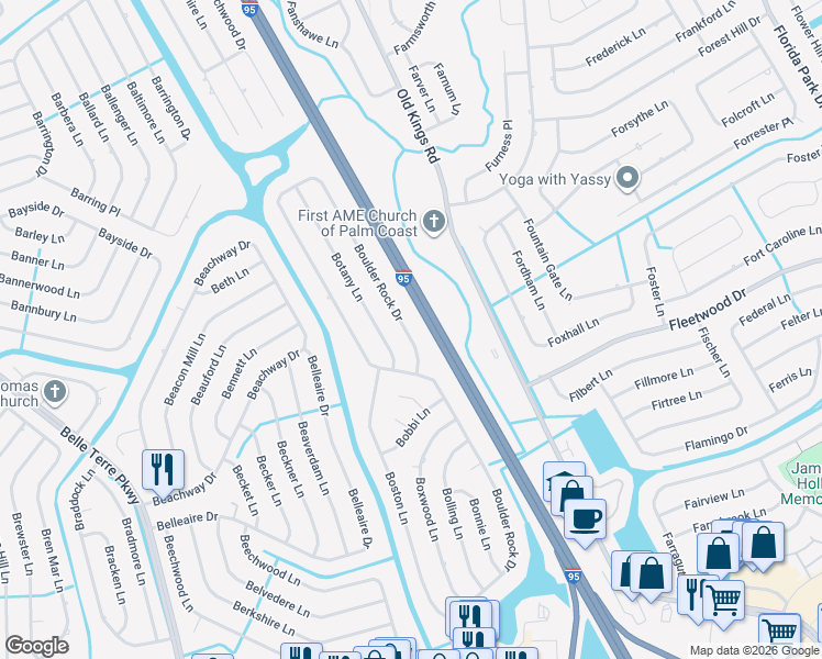 map of restaurants, bars, coffee shops, grocery stores, and more near 245 Boulder Rock Drive in Palm Coast