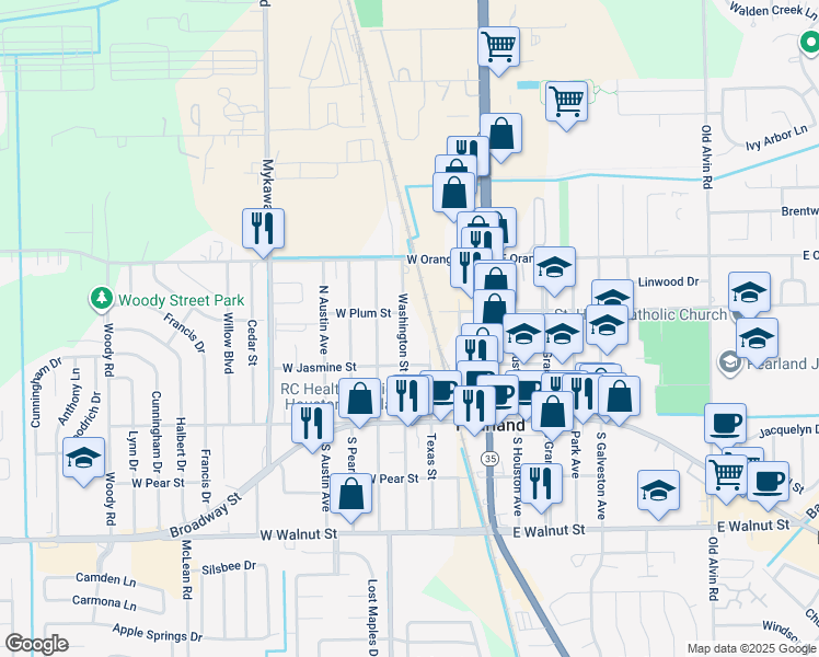 map of restaurants, bars, coffee shops, grocery stores, and more near 2213 Washington Street in Pearland