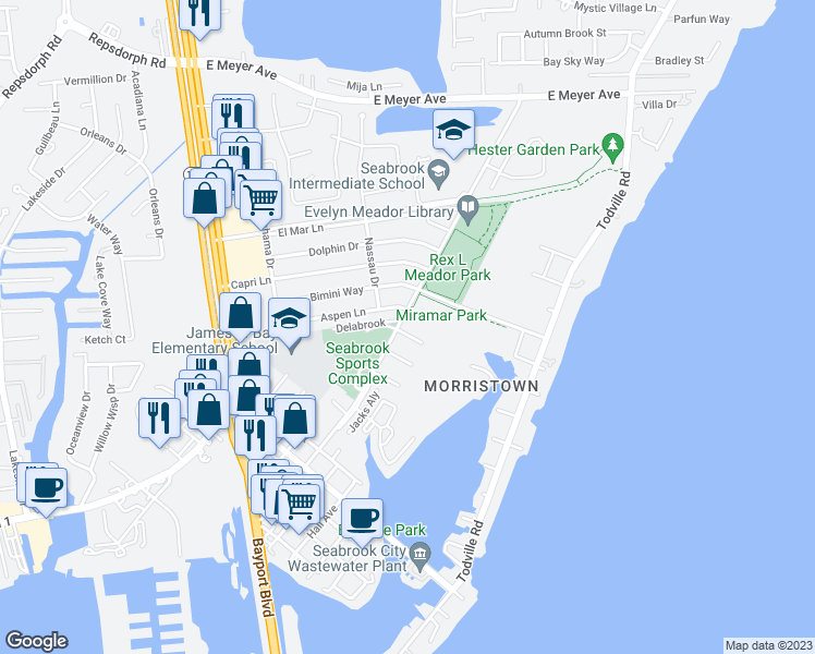 map of restaurants, bars, coffee shops, grocery stores, and more near 1426 Delabrook Court in Seabrook