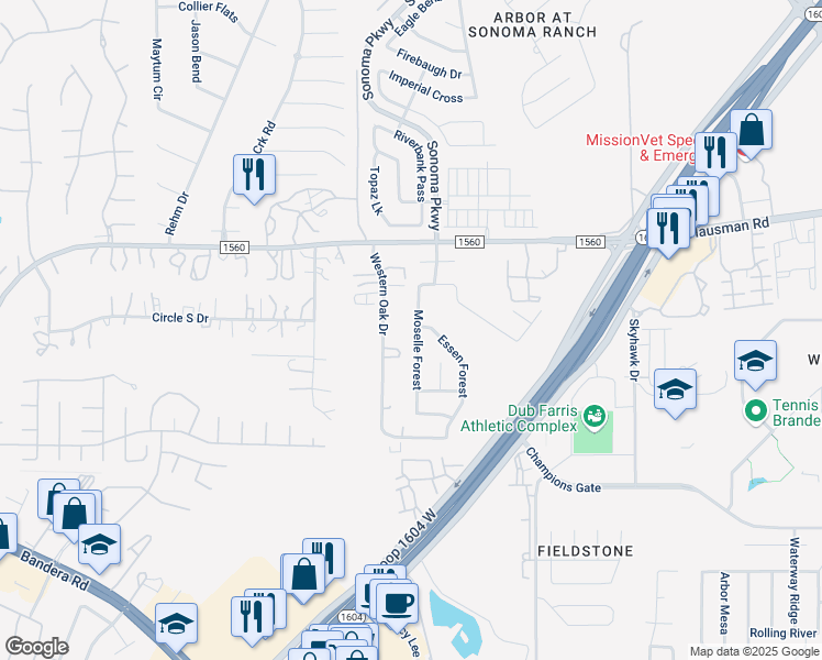map of restaurants, bars, coffee shops, grocery stores, and more near 13326 Western Oak Drive in Helotes