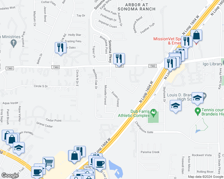 map of restaurants, bars, coffee shops, grocery stores, and more near 13130 Essen Forest in Helotes