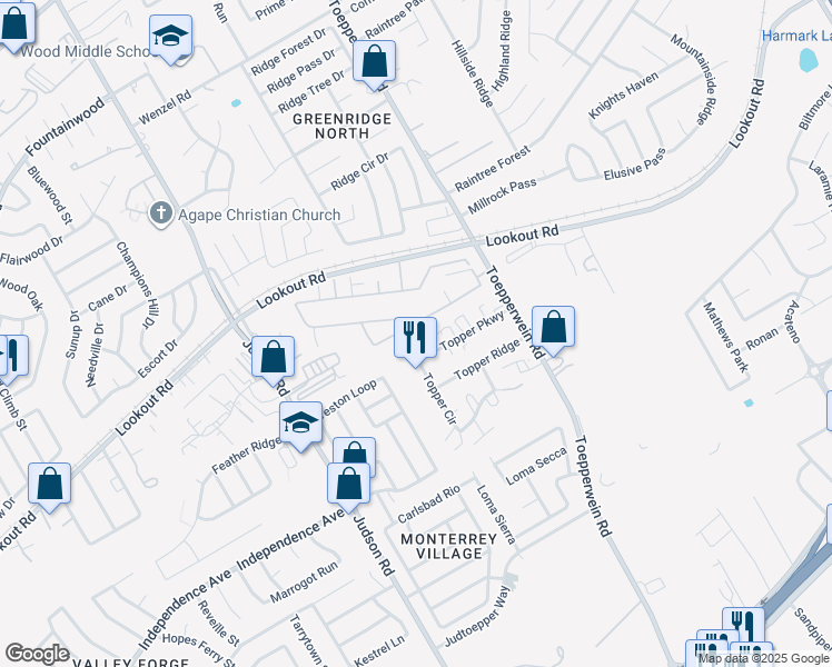map of restaurants, bars, coffee shops, grocery stores, and more near 6607 Topper Parkway in San Antonio