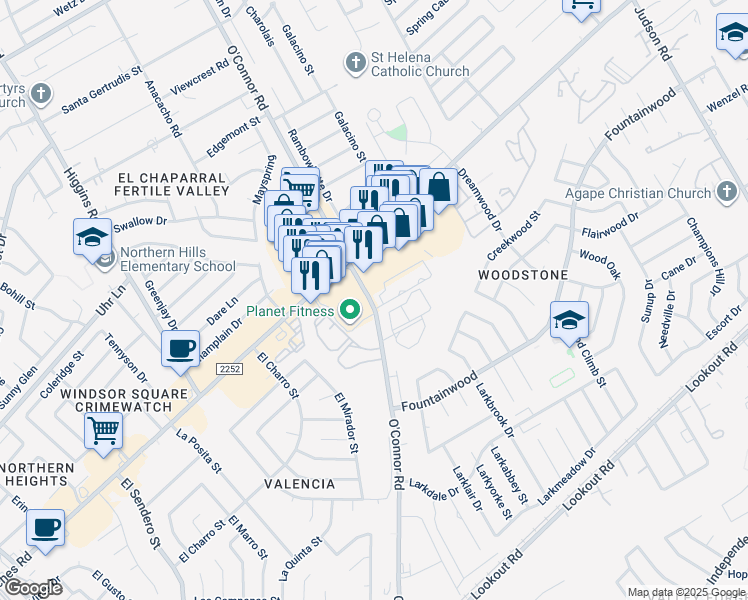 map of restaurants, bars, coffee shops, grocery stores, and more near 13842 O'Connor Road in San Antonio