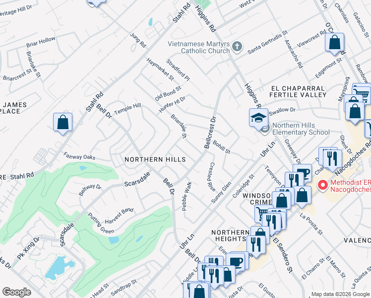 map of restaurants, bars, coffee shops, grocery stores, and more near 4527 Briargrove Street in San Antonio