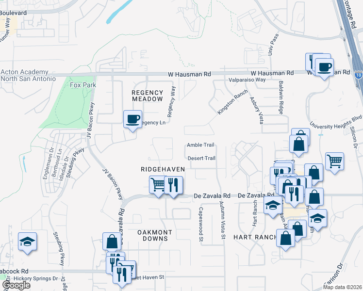 map of restaurants, bars, coffee shops, grocery stores, and more near 13014 North Run in San Antonio
